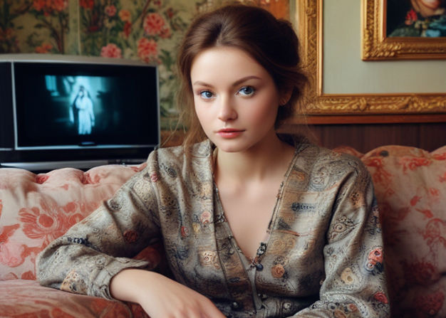 A woman in the living room sitting on the couch watching TV.
