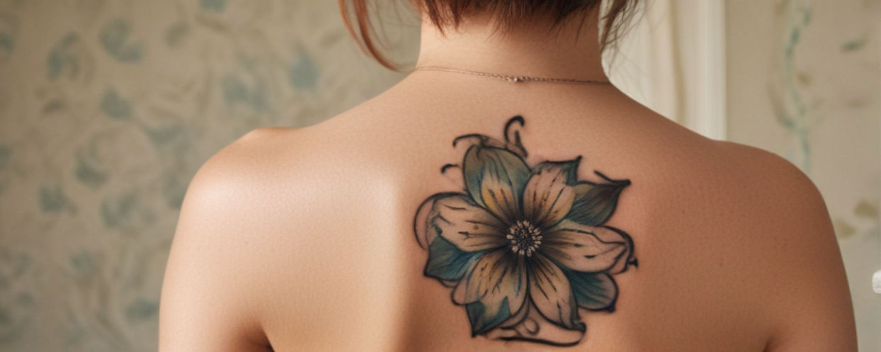 A woman with a flower tattoo on her back.