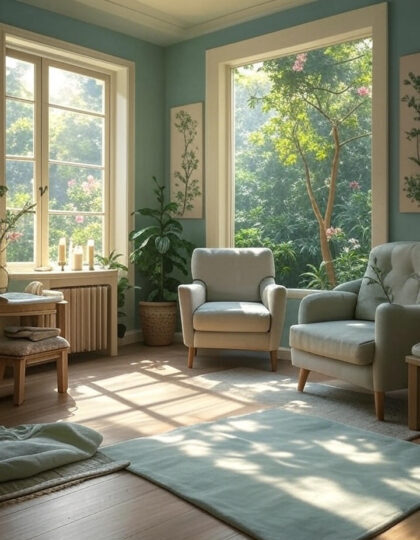 cozy wellness room with nature-inspired decor and soft lighting