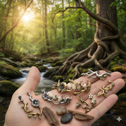A hand holds a collection of artistic dental grills, crafted to resemble natural elements like branches, flowers, and leaves, with some incorporating small stones or wood pieces, all set against a lush, sunlit forest background with a flowing stream and a large tree with exposed roots.