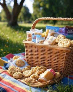 wicker picnic basket overflowing with gourmet snacks