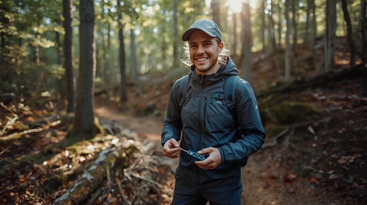 Smiling hiker prepares gear on forest trail before a respectful wildlife outing.
