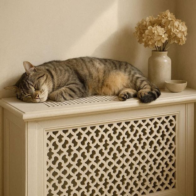 cat sleeping on a radiator furniture with decorative cover