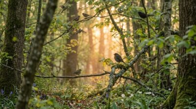 A peaceful woodland scene at dawn featuring birds resting and becoming active among trees, soft golden morning light filtering through leaves, natural serene atmosphere, visual representation of natural rhythms and rest